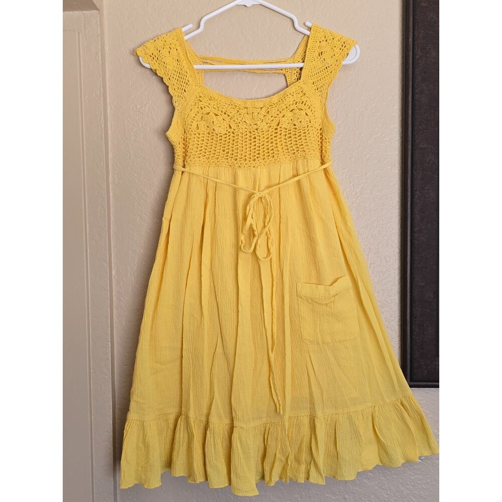 Vintage Candie's 100% Cotton Crochet Knit Sundress Juniors/Womens Small Yellow
